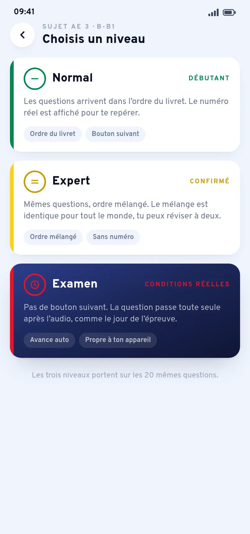 Écran de choix du niveau dans AACR : Normal, Expert et Examen, chacun avec ce qu'il change